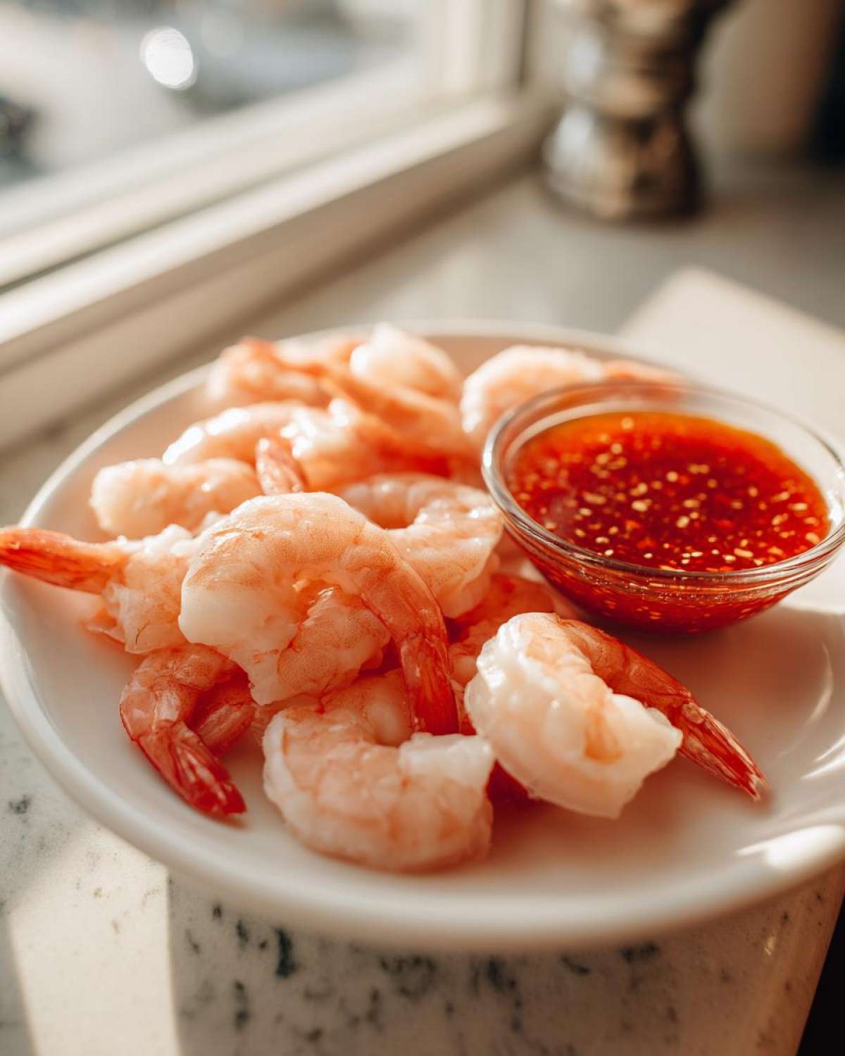 A plate of perfectly cooked shrimp cocktail served with a small glass bowl of bright red, chunky dipping sauce.