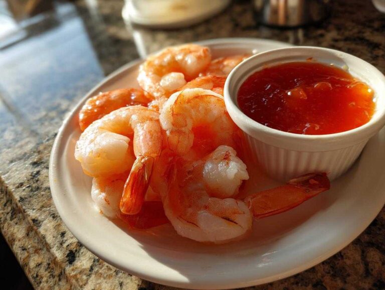 Close-up of cooked, peeled shrimp served on a white plate next to a ramekin of red dipping sauce for shrimp cocktail.