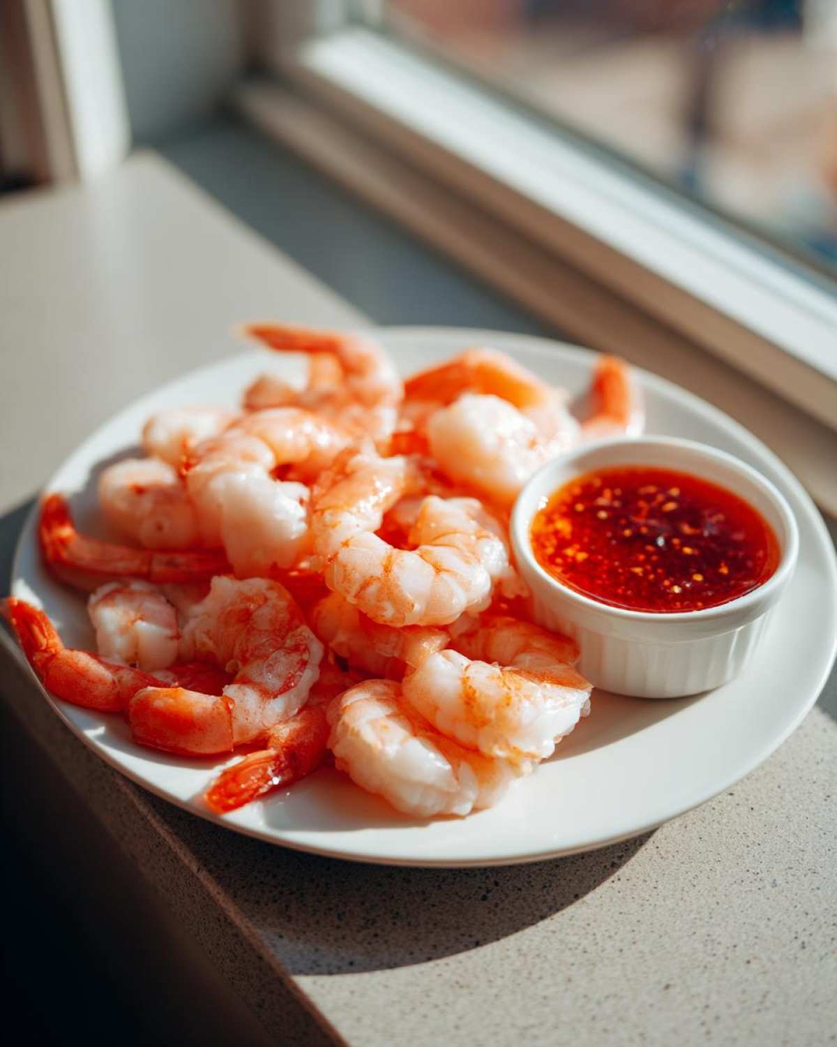 A white plate piled high with cooked, peeled shrimp cocktail served next to a small bowl of bright red, spicy dipping sauce.