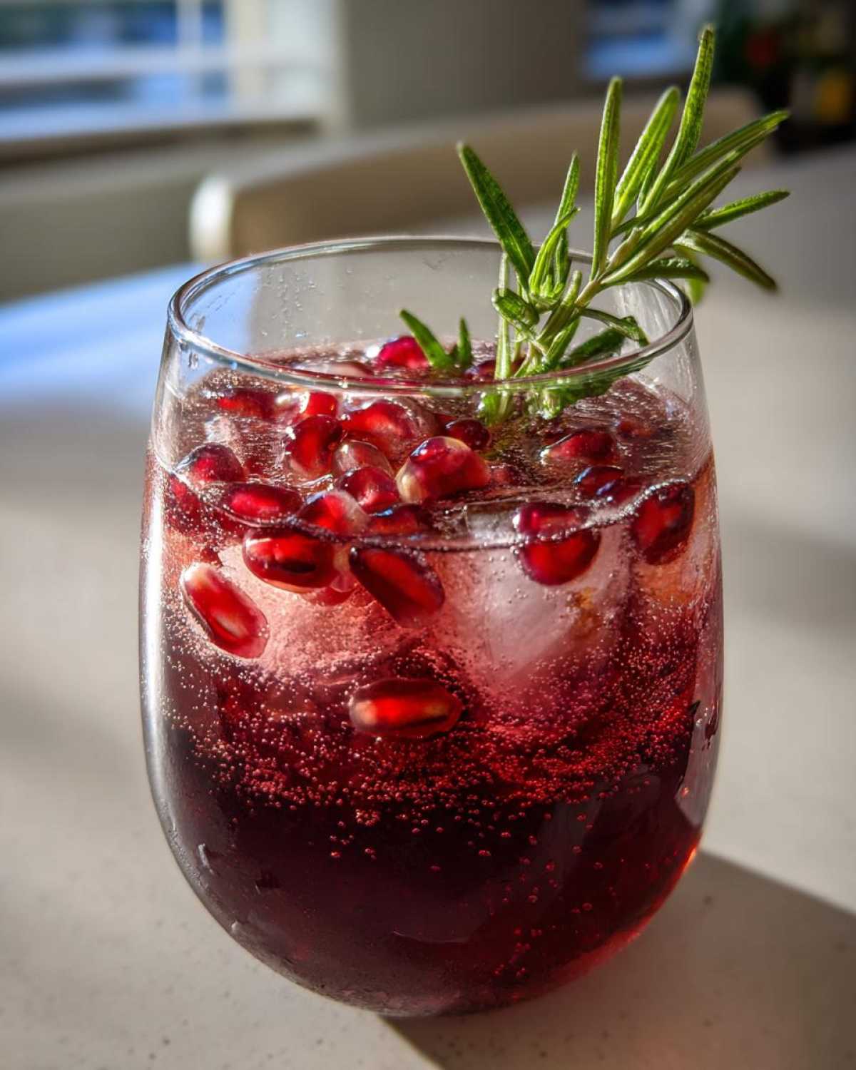 Close-up of a fizzy Pomegranate Spritz Cocktail garnished with fresh pomegranate seeds and a sprig of rosemary.