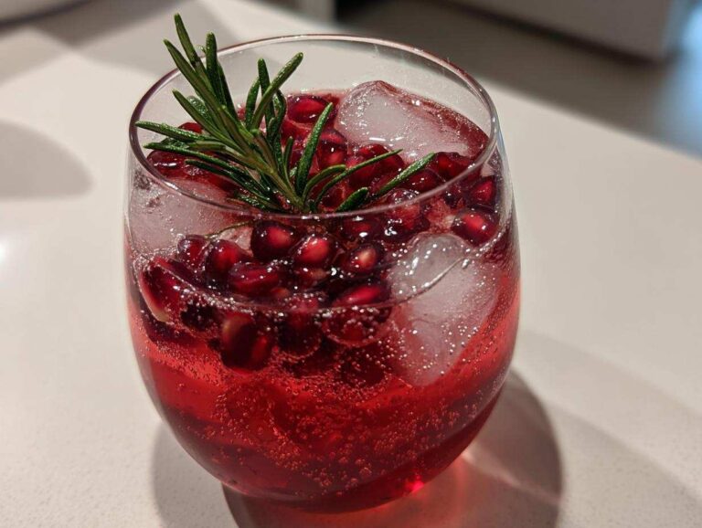 Close-up of a bright red Pomegranate Spritz Cocktail filled with ice, pomegranate seeds, and garnished with fresh rosemary.