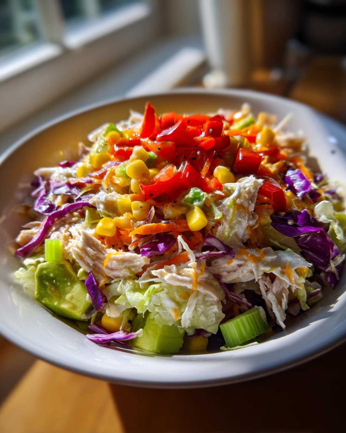 Close-up of a vibrant Rainbow Chicken Salad Honey Mustard featuring shredded chicken, avocado, corn, and red peppers in a white bowl.