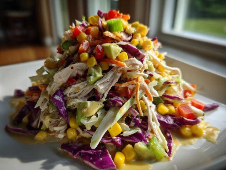 A colorful mound of Rainbow Chicken Salad Honey Mustard featuring shredded chicken, red cabbage, corn, avocado, and peppers on a white plate.