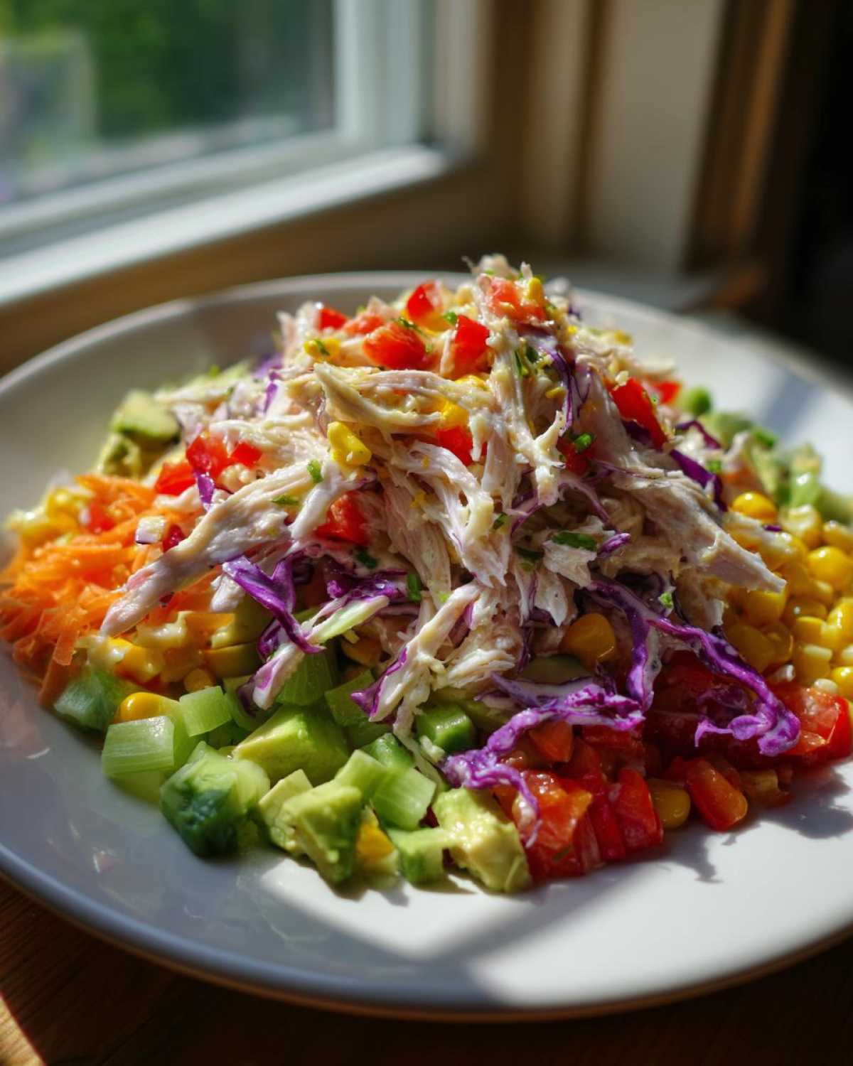 A colorful plate featuring shredded chicken mixed with vegetables, forming a Rainbow Chicken Salad Honey Mustard.