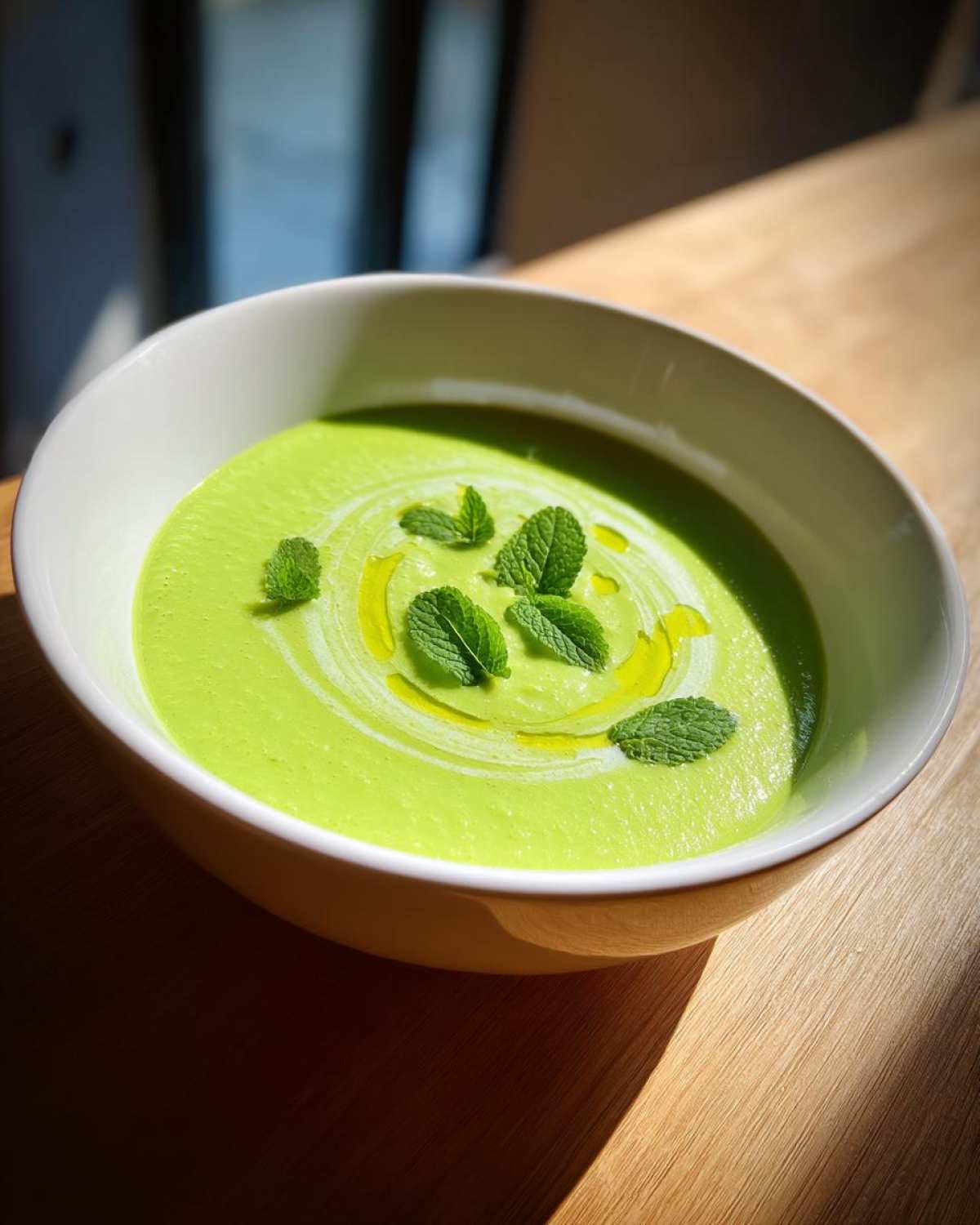 Bright green Pea and Mint Soup Refreshing garnished with fresh mint leaves and olive oil swirl.