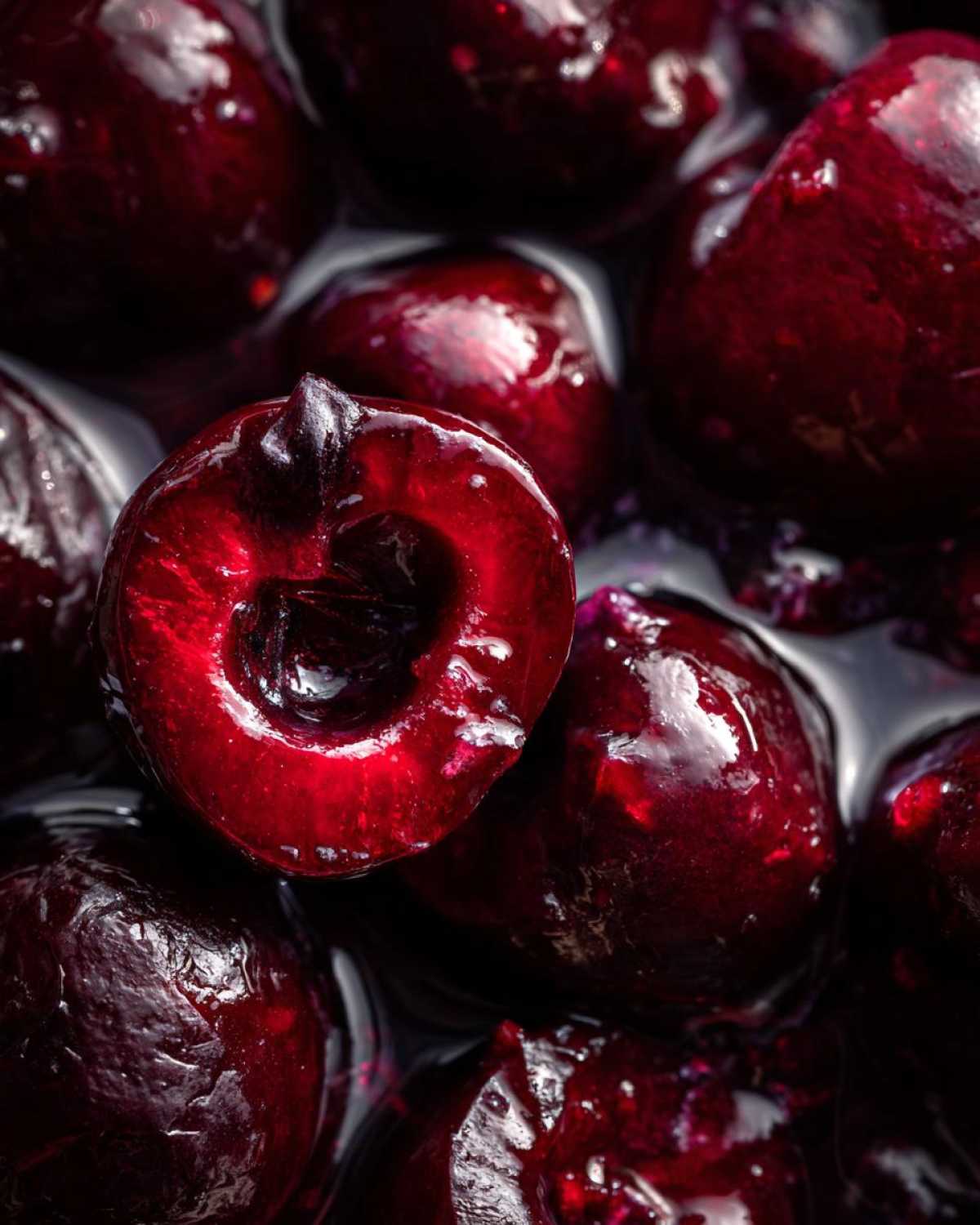 Macro shot of glossy, dark red cherries simmering in thick liquid, perfect for cherry pie filling.