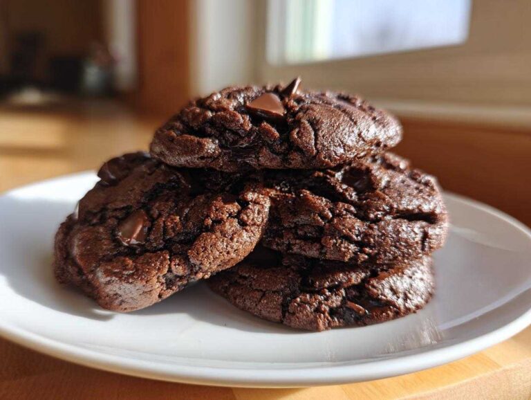 A stack of four fudgy, dark Chocolate Chocolate Chip Cookies piled on a white plate.