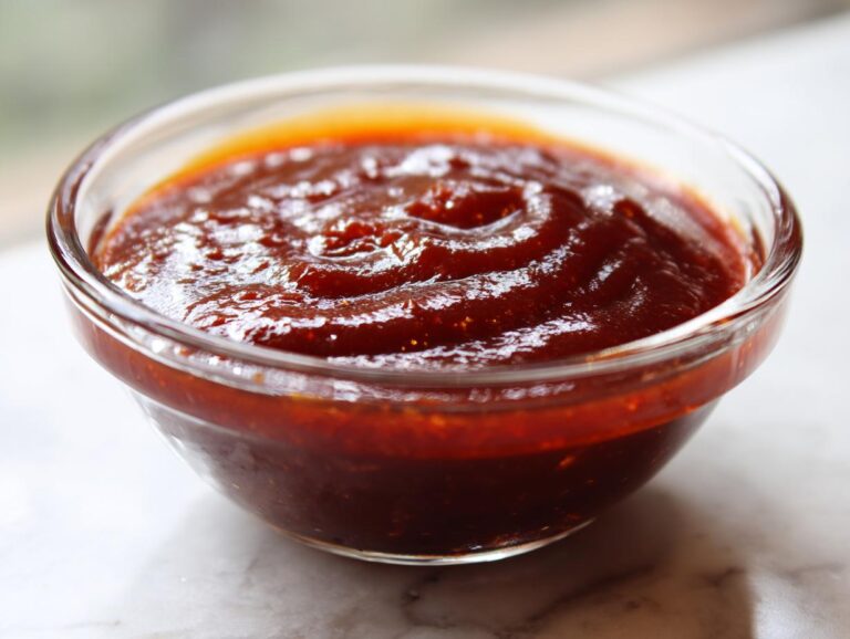 Close-up of thick, glossy, dark red homemade bbq sauce swirled in a small clear glass bowl.
