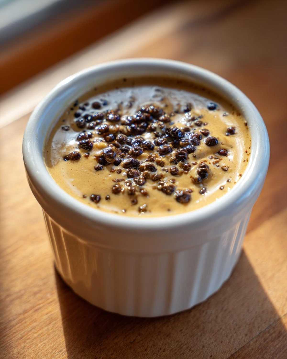 A close-up of creamy peppercorn sauce topped generously with whole black peppercorns in a white ramekin.