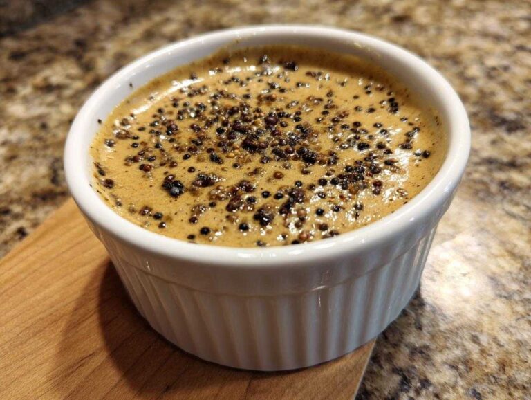 A close-up of rich, creamy peppercorn sauce topped generously with whole black peppercorns in a white ramekin.