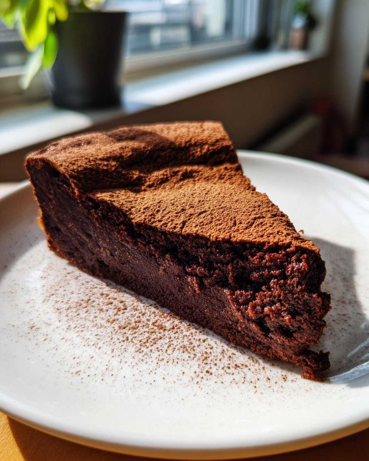 A dense, rich slice of flourless chocolate cake dusted with cocoa powder, served on a white plate.