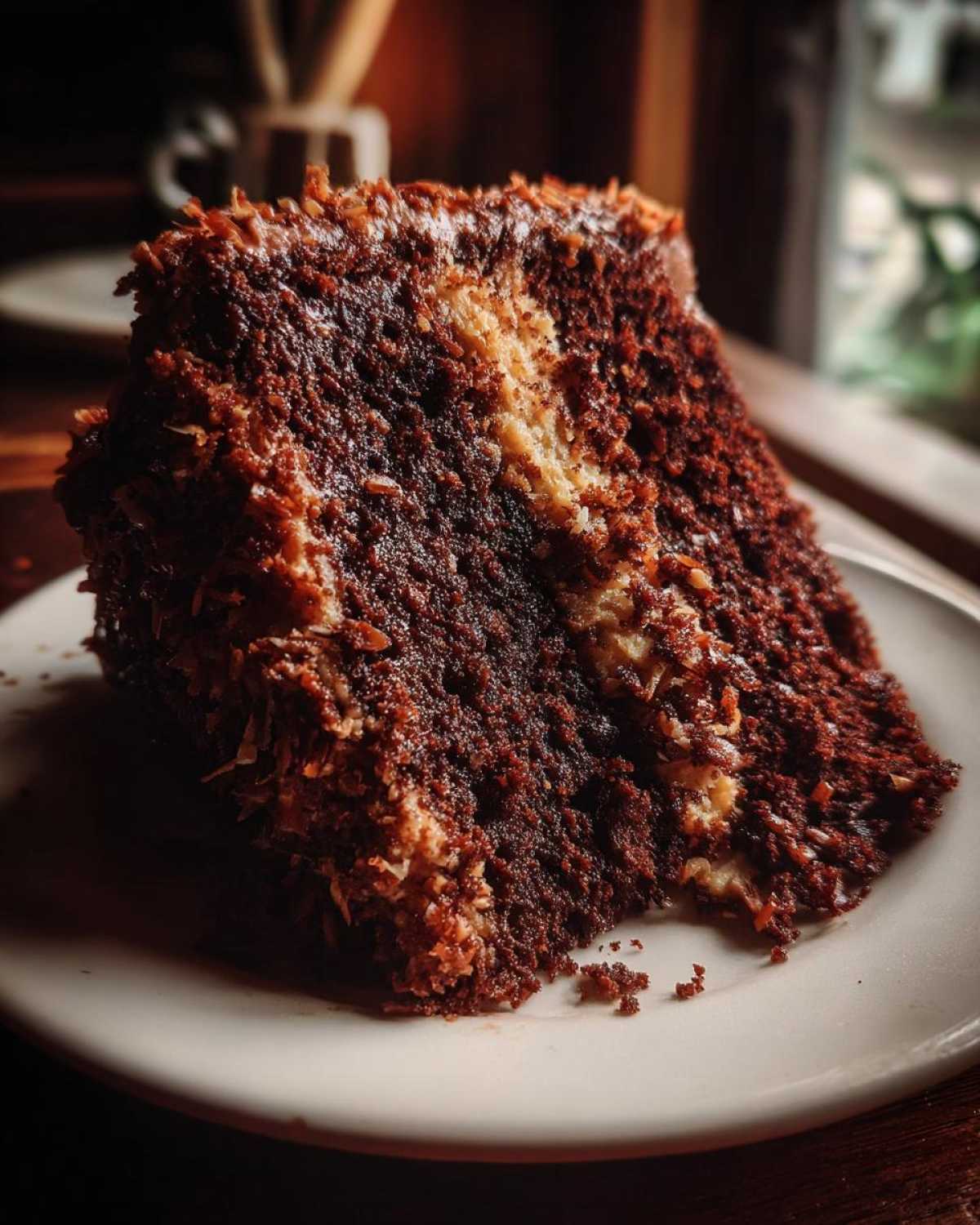 Close-up of a moist slice of german chocolate cake showing dark layers and coconut pecan frosting.