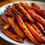 Close-up of perfectly glazed Roast Honey Garlic Butter Carrots piled on a white plate.