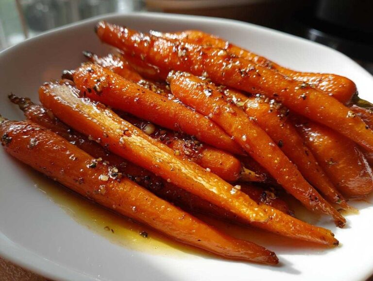 Close-up of glossy Roast Honey Garlic Butter Carrots glistening with glaze and seasoning on a white plate.