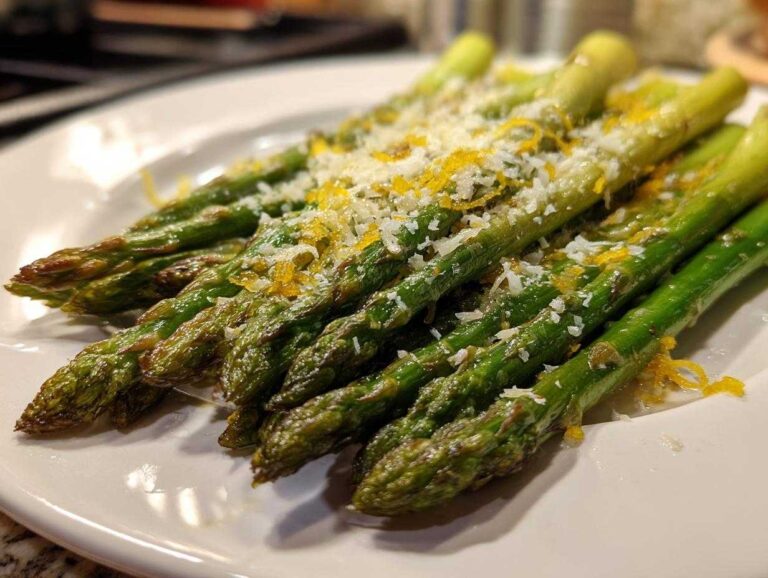 A close-up of perfectly Roasted Asparagus with Lemon and Parmesan served on a white plate.
