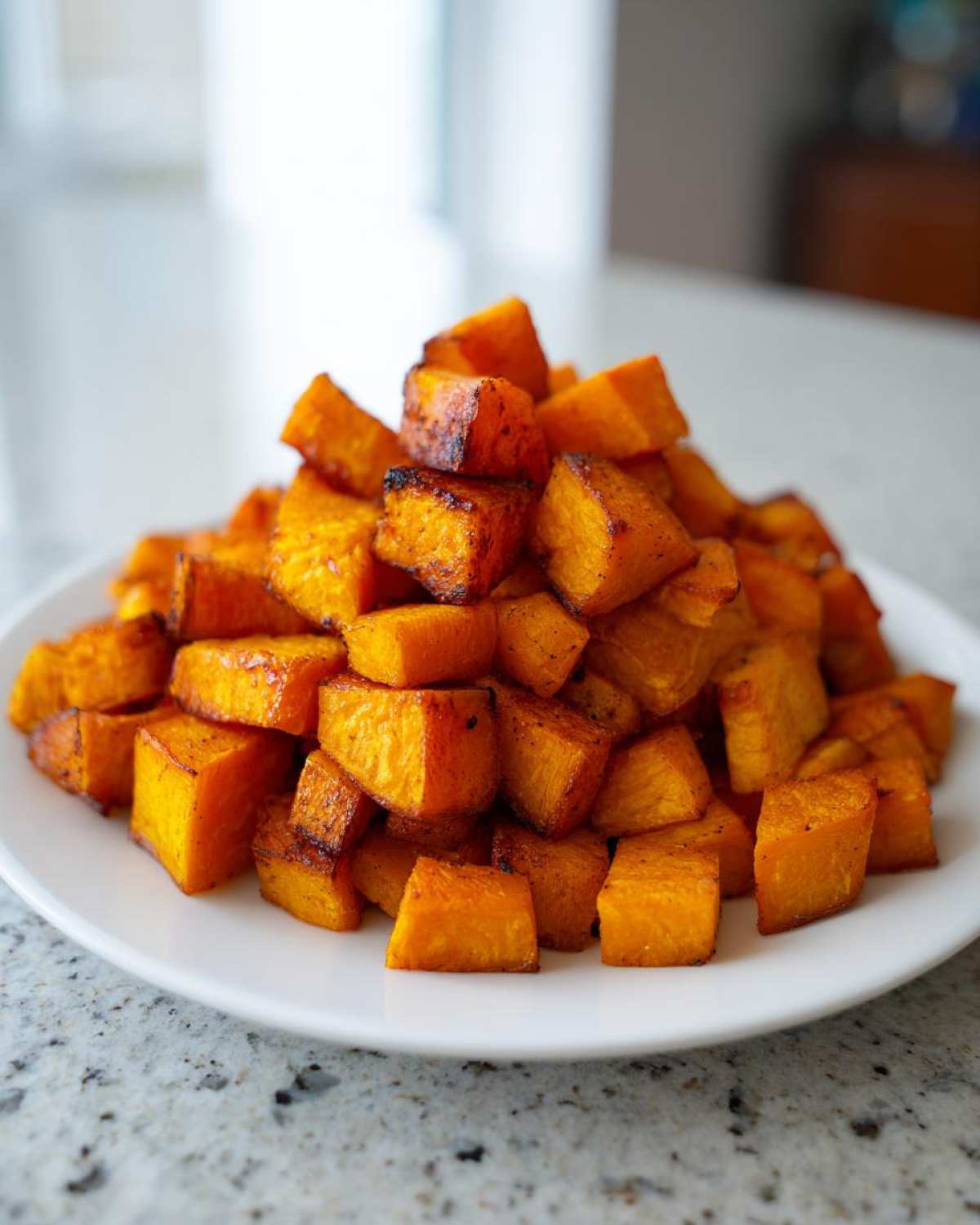 A pile of perfectly caramelized, cubed roasted butternut squash served on a white plate.