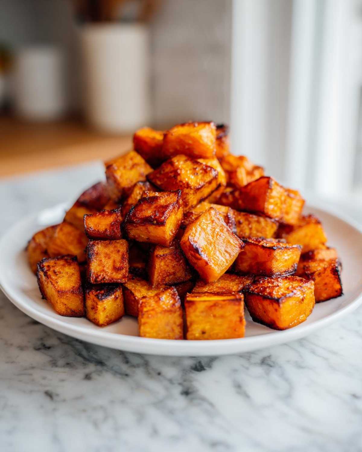 A white plate piled high with beautifully caramelized roasted butternut squash cubes on a marble countertop.