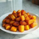 A mound of perfectly caramelized roasted butternut squash cubes seasoned with pepper on a white plate.