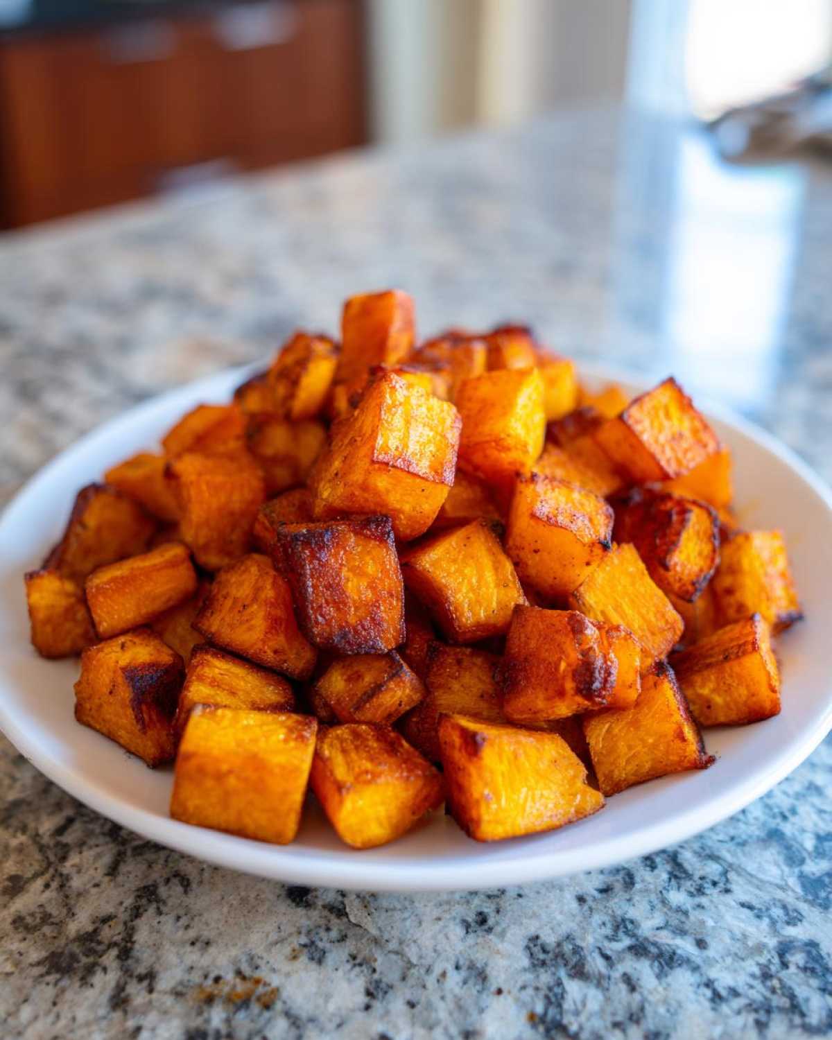 A white plate piled high with golden brown, caramelized roasted butternut squash cubes.