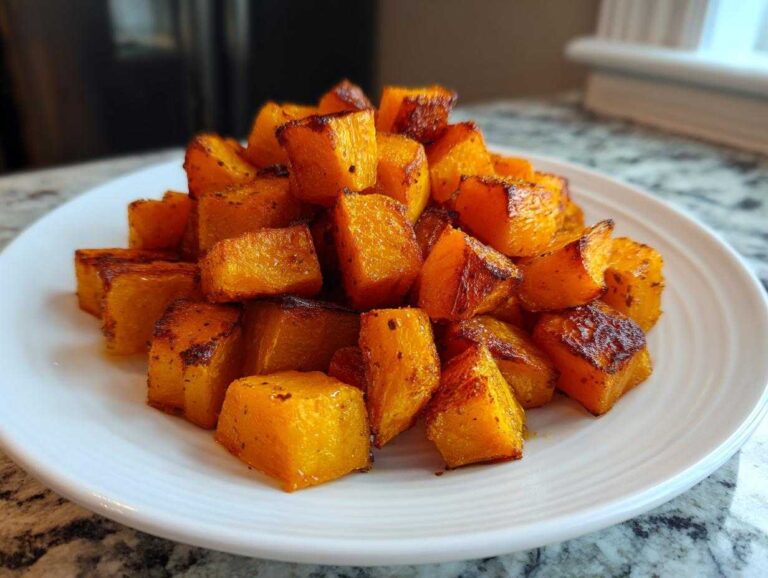 A mound of perfectly caramelized roasted butternut squash cubes piled high on a white plate.