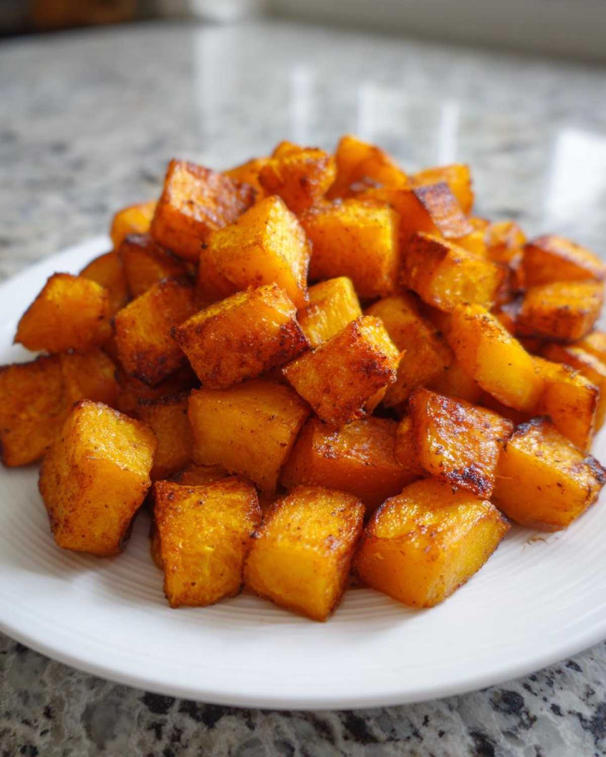 A pile of golden brown, perfectly seasoned roasted butternut squash cubes served on a white plate.