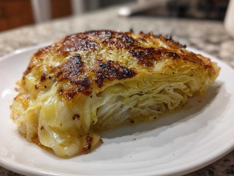 Close-up of a thick slice of roasted cabbage steak with a beautifully browned and slightly charred top, showcasing the layered texture of this cabbage recipe.