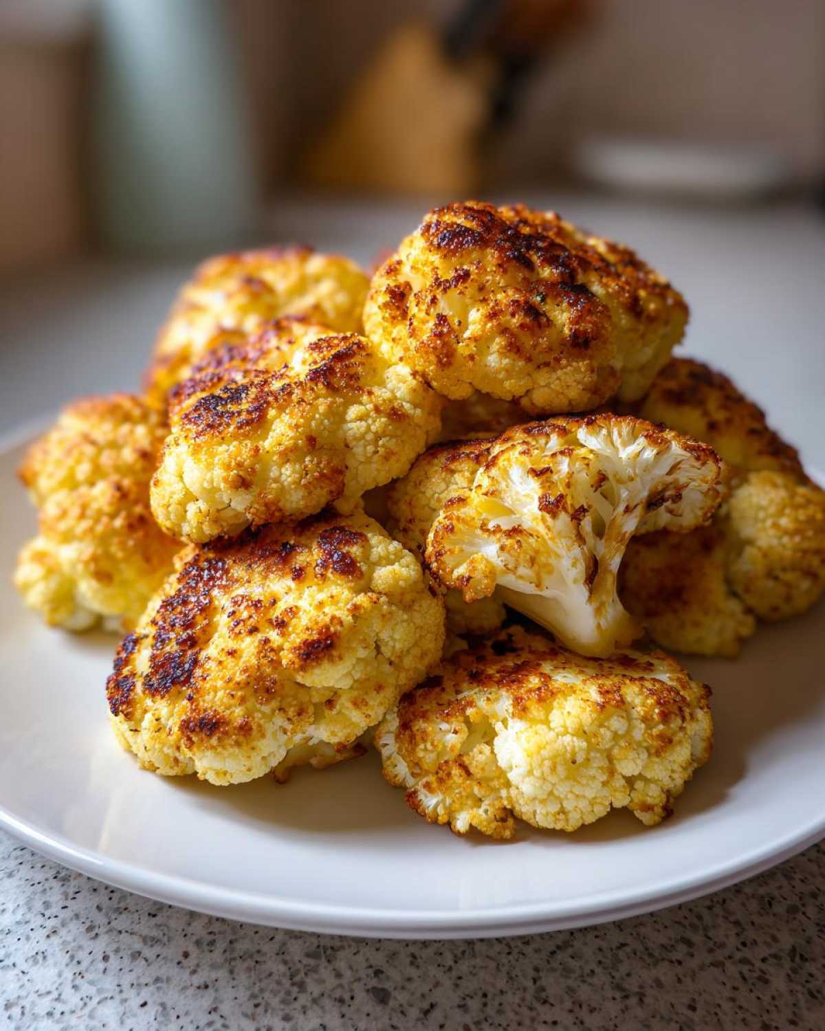 A pile of golden brown, perfectly Roasted Cauliflower Oven Recipes florets served on a white plate.