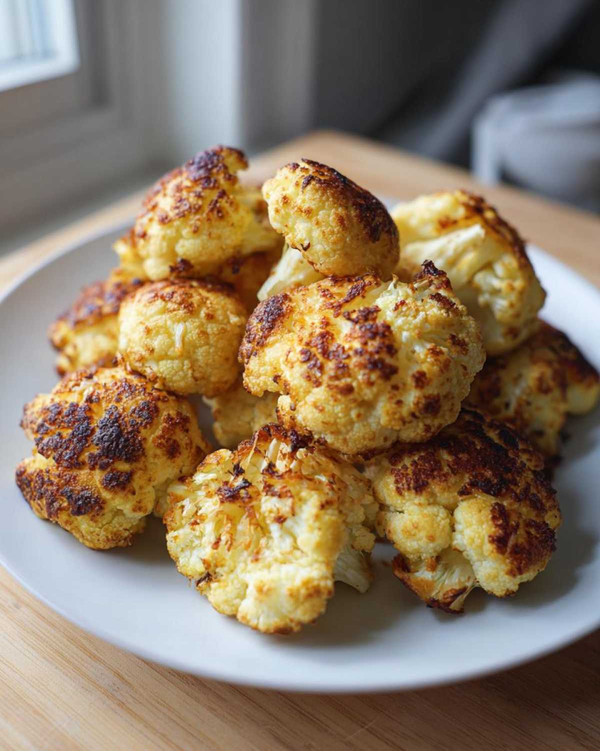 A pile of golden brown, perfectly Roasted Cauliflower Oven Recipes florets on a white plate.