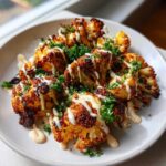 Close-up of beautifully Roasted Cauliflower with Tahini Sauce drizzled over crispy florets and fresh parsley.