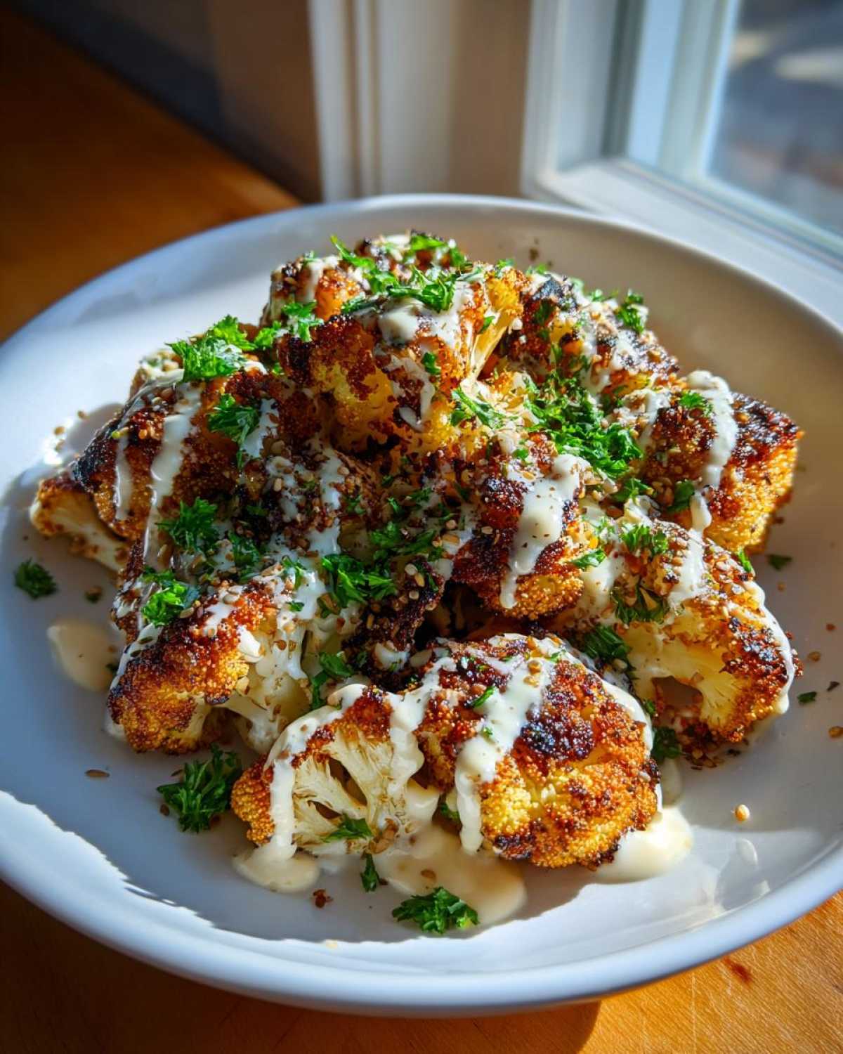 Close-up of beautifully caramelized Roasted Cauliflower with Tahini Sauce, garnished with parsley and seeds.