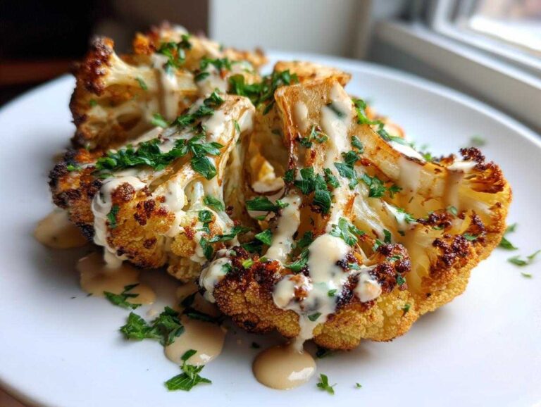 Close-up of perfectly Roasted Cauliflower with Tahini Sauce drizzled over charred florets and topped with fresh parsley.