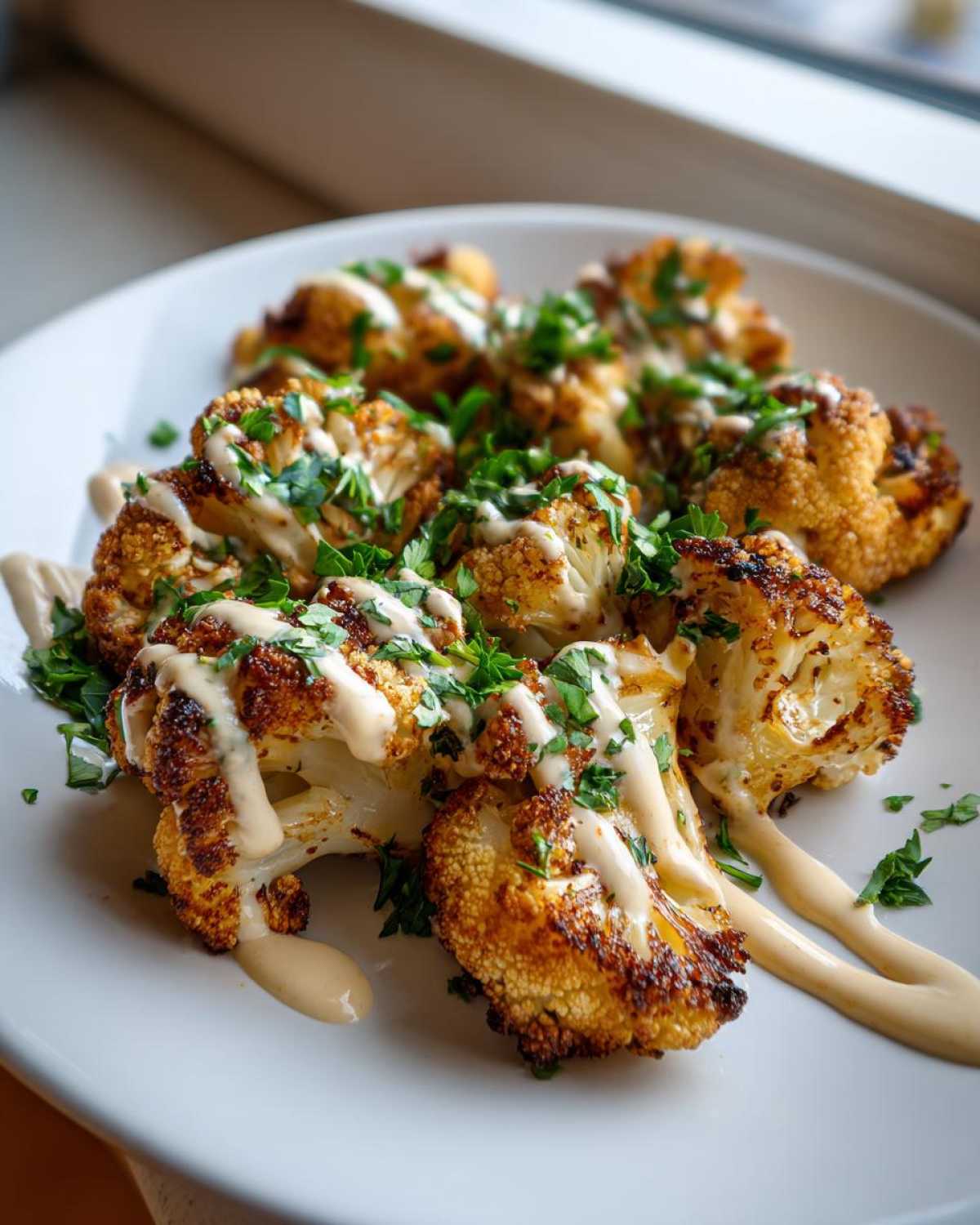 Close-up of perfectly Roasted Cauliflower with Tahini Sauce, drizzled with sauce and topped with fresh parsley.