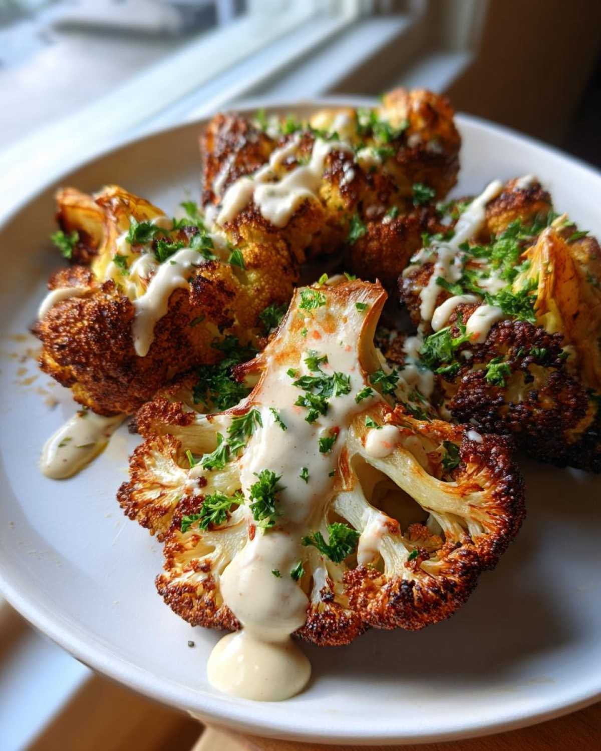 Four beautifully browned steaks of Roasted Cauliflower with Tahini Sauce, drizzled with sauce and topped with fresh parsley.