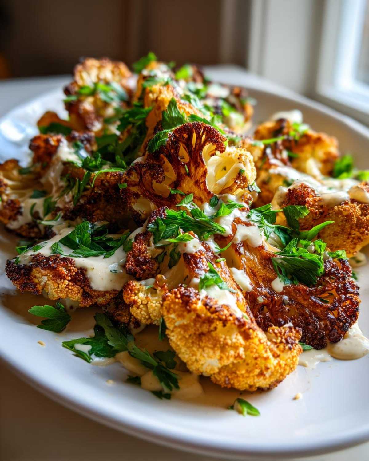 Close-up of beautifully caramelized Roasted Cauliflower with Tahini Sauce drizzled over top and garnished with fresh parsley.