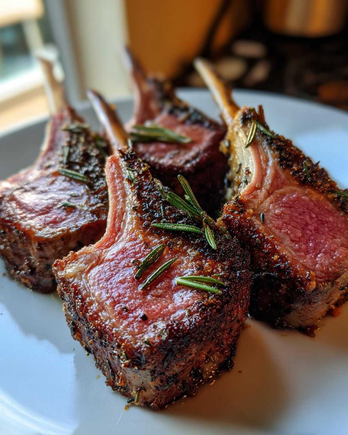 Close-up of four perfectly cooked Roasted Lamb Chops with Garlic Rosemary, showing a medium-rare center and herb crust.