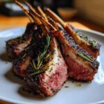 Close-up of perfectly cooked Roasted Lamb Chops with Garlic Rosemary, showing a pink center and herb crust.