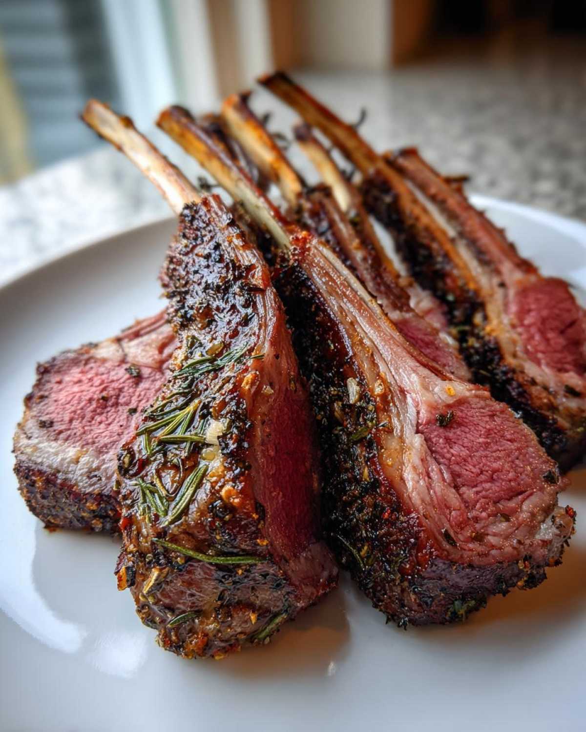 Close-up of perfectly medium-rare Roasted Lamb Chops with Garlic Rosemary seasoning on a white plate.