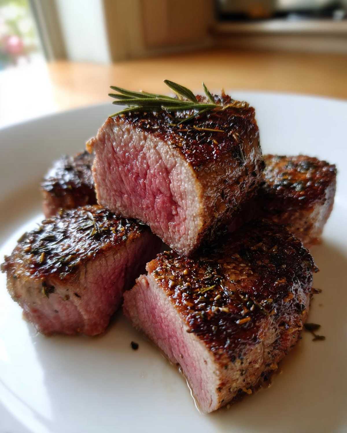 Close-up of medium-rare Roasted Lamb Chops with Garlic Rosemary, seasoned and garnished with fresh rosemary.