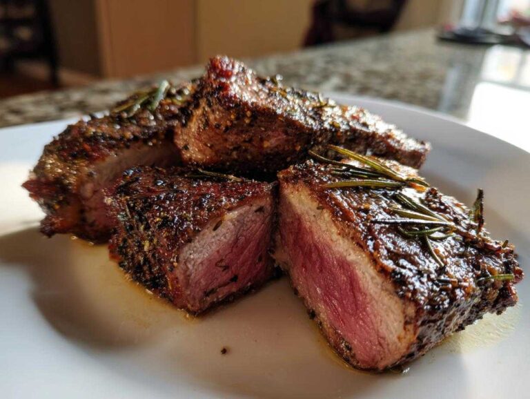 Close-up of medium-rare Roasted Lamb Chops with Garlic Rosemary, showing a beautiful sear and fresh rosemary sprigs.