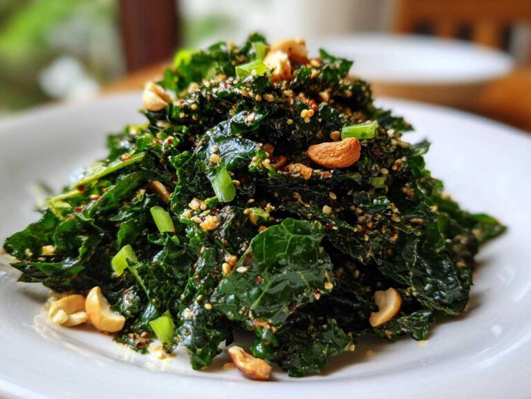 Close-up of a mound of Roasted Peanut Kale Crunch Salad topped with cashews and sesame seeds on a white plate.