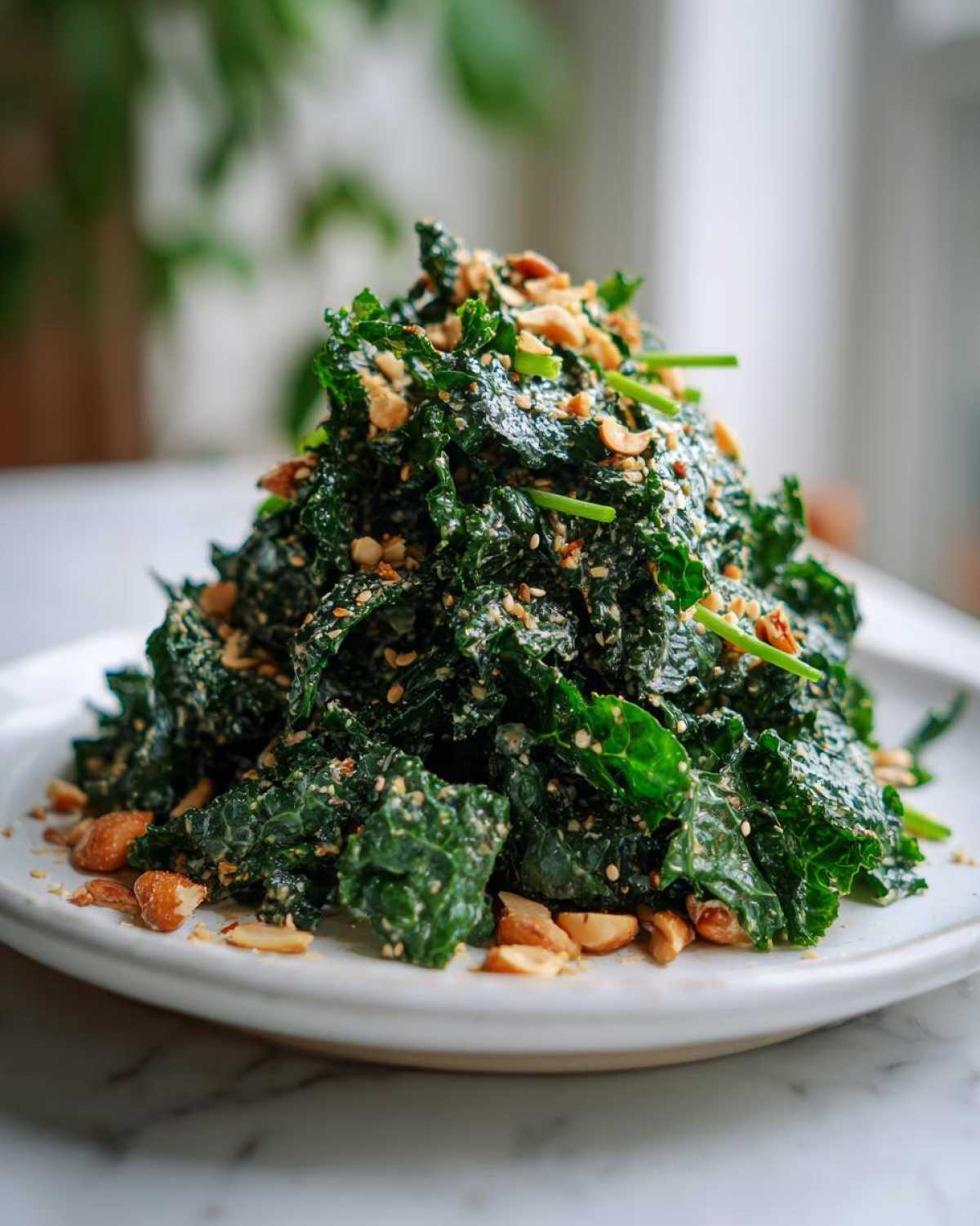 A mound of dark green Roasted Peanut Kale Crunch Salad topped with chopped peanuts and sesame seeds on a white plate.