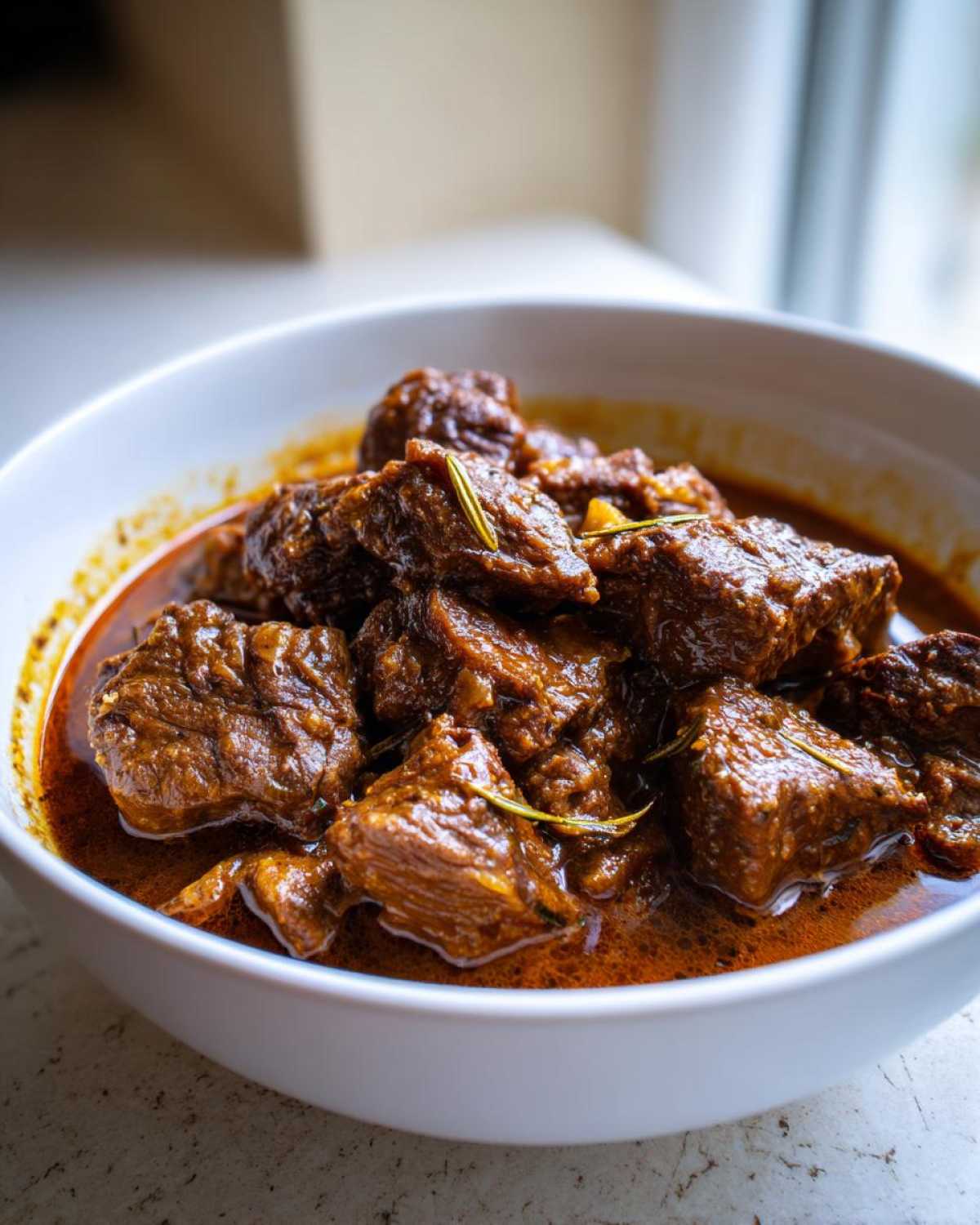 Close-up of tender chunks of Roman Lamb Stew (Abbacchio) simmering in a rich, reddish-brown sauce, garnished with rosemary.