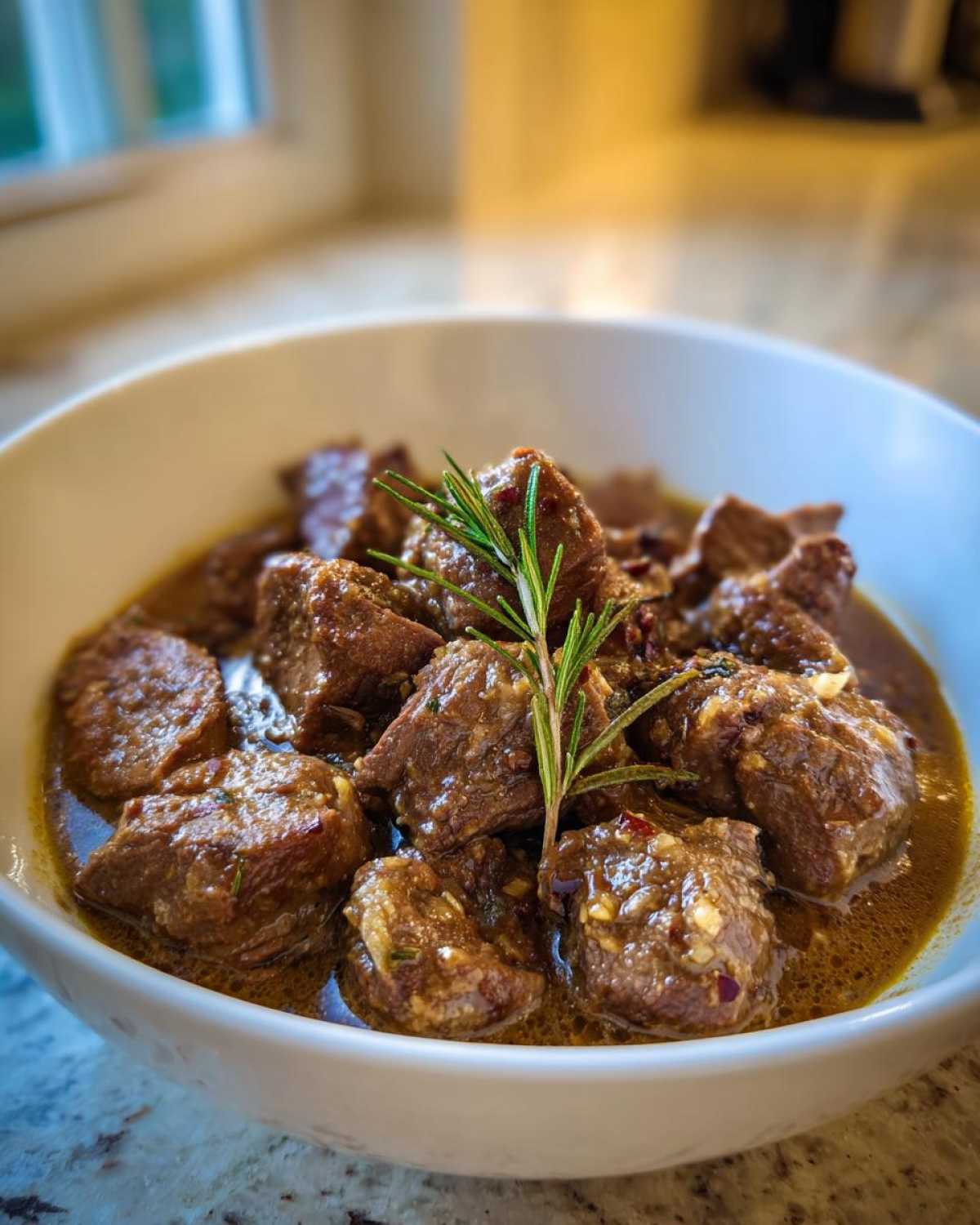 Close-up of tender chunks of Roman Lamb Stew (Abbacchio) garnished with fresh rosemary in a white bowl.