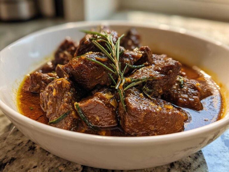 Close-up of tender chunks of Roman Lamb Stew (Abbacchio) served in a white bowl, garnished with fresh rosemary.