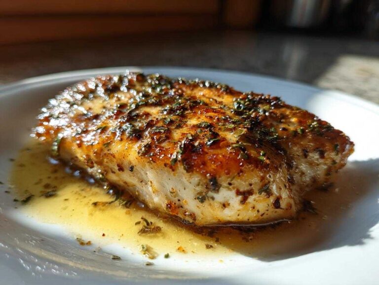 Close-up of a perfectly seared piece of cajun chicken breast glistening in butter sauce and topped with herbs.