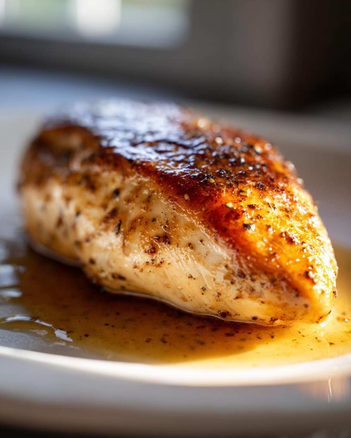 Close-up of a golden-brown, seasoned cajun chicken breast resting in its own savory pan juices on a white plate.
