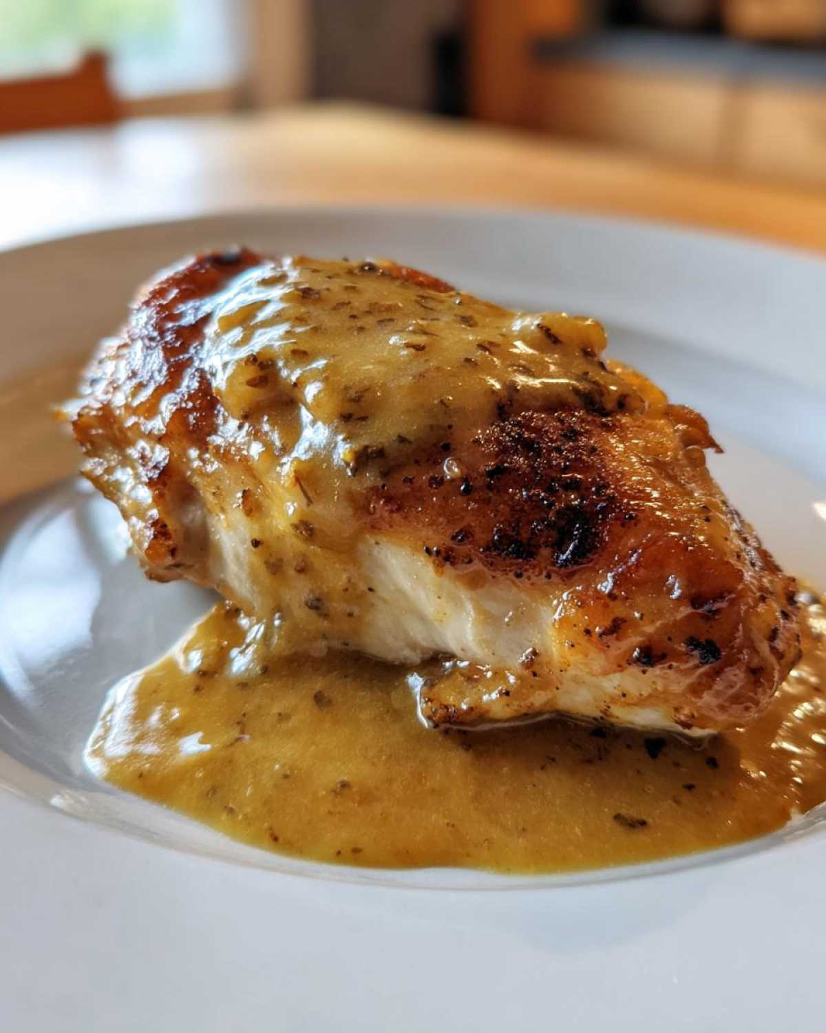A close-up of a perfectly seared chicken breast smothered in a creamy, savory dijon chicken sauce.