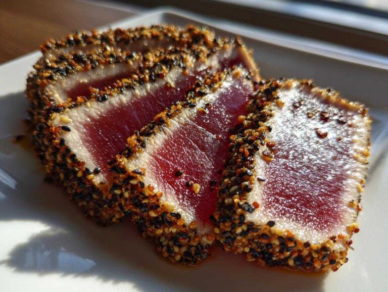 Close-up of four slices of sesame-crusted tuna tataki, showing a bright red raw center and seared edges.