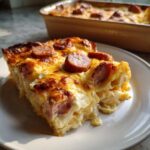 A close-up slice of baked pierogi casserole topped with melted cheese and sliced sausage on a white plate.