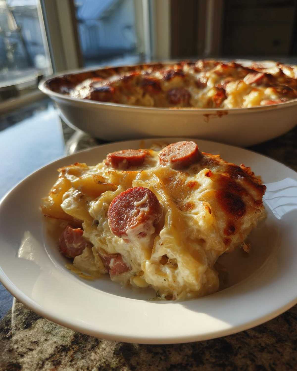 A close-up serving of cheesy pierogi casserole topped with sliced smoked sausage, with the main dish in the background.
